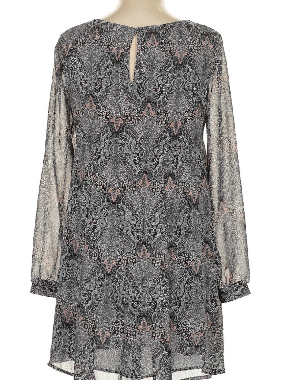 ASTR Anthro Paisley Lacey Pattern Mini Dress in Gray & Pink with Sheer Sleeves - Picture 5 of 9